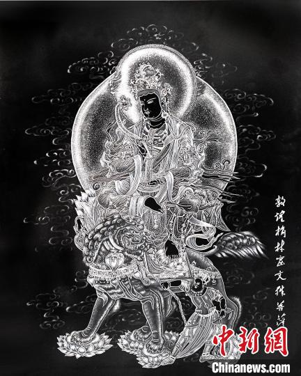 圖為朱增平創作的鍥金畫《敦煌榆林窟文殊菩薩》。(資料圖) 受訪者供圖