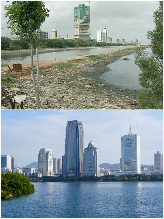 上圖：筼筜湖治理前資料圖。下圖：筼筜湖如今的美麗風光。人民網記者 吳超嵐攝