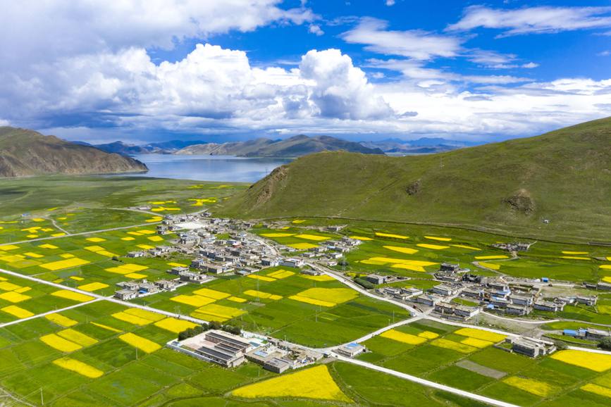航拍道布龍村,依山傍水,阡陌縱橫。