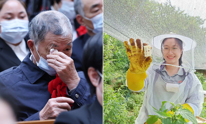 左圖為2021年2月25日，黃文秀的父親黃忠杰在全國脫貧攻堅表彰大會上；右圖為黃文秀生前工作照。