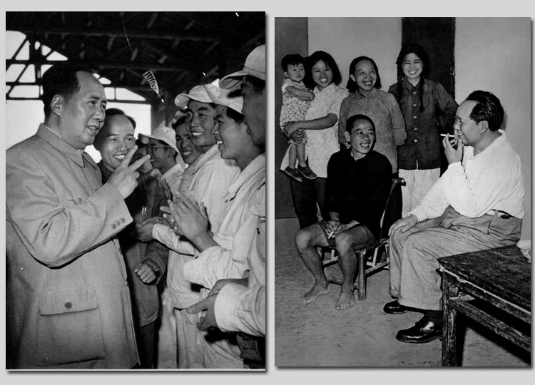 左圖:1959年,毛主席在安徽視察工廠時,同煉鋼工人親切談話。右圖:1959年,毛主席在湖南視察韶山,同貧農(nóng)社員親切談話。